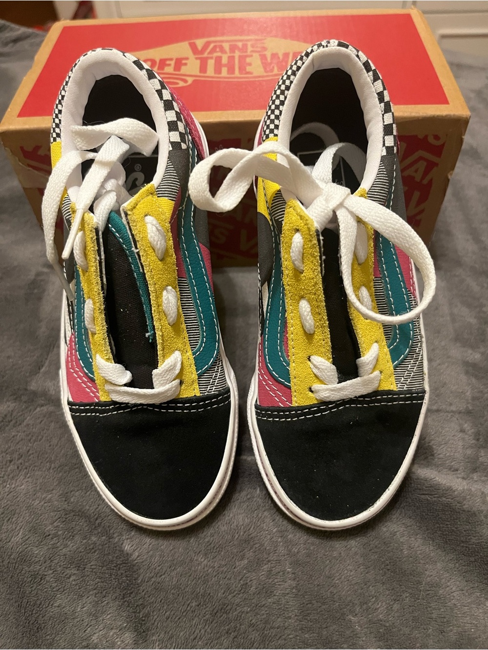 Vans Kids Multicolor Checkerboard Old Skool Sneakers - Yellow/Teal/Pink
